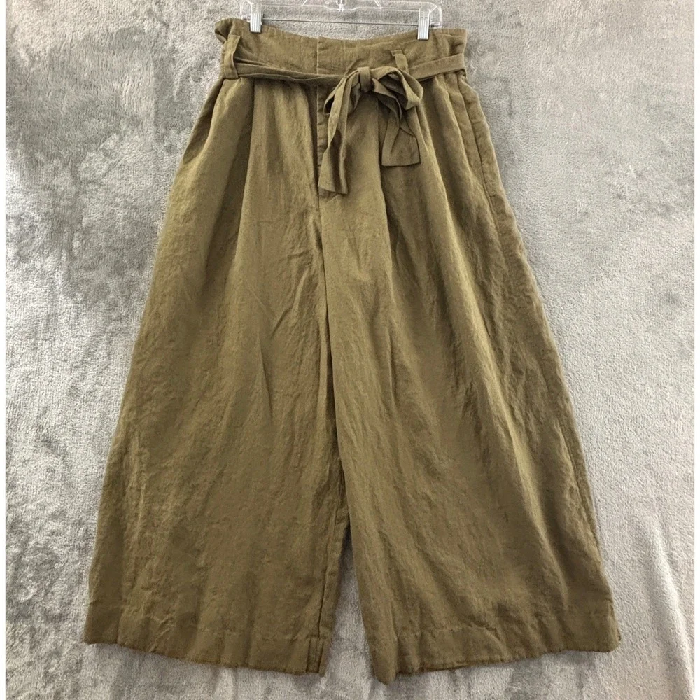 Zara Linen Wide Leg Crop Pant Woman XL Olive Green Paperbag Waist Belted